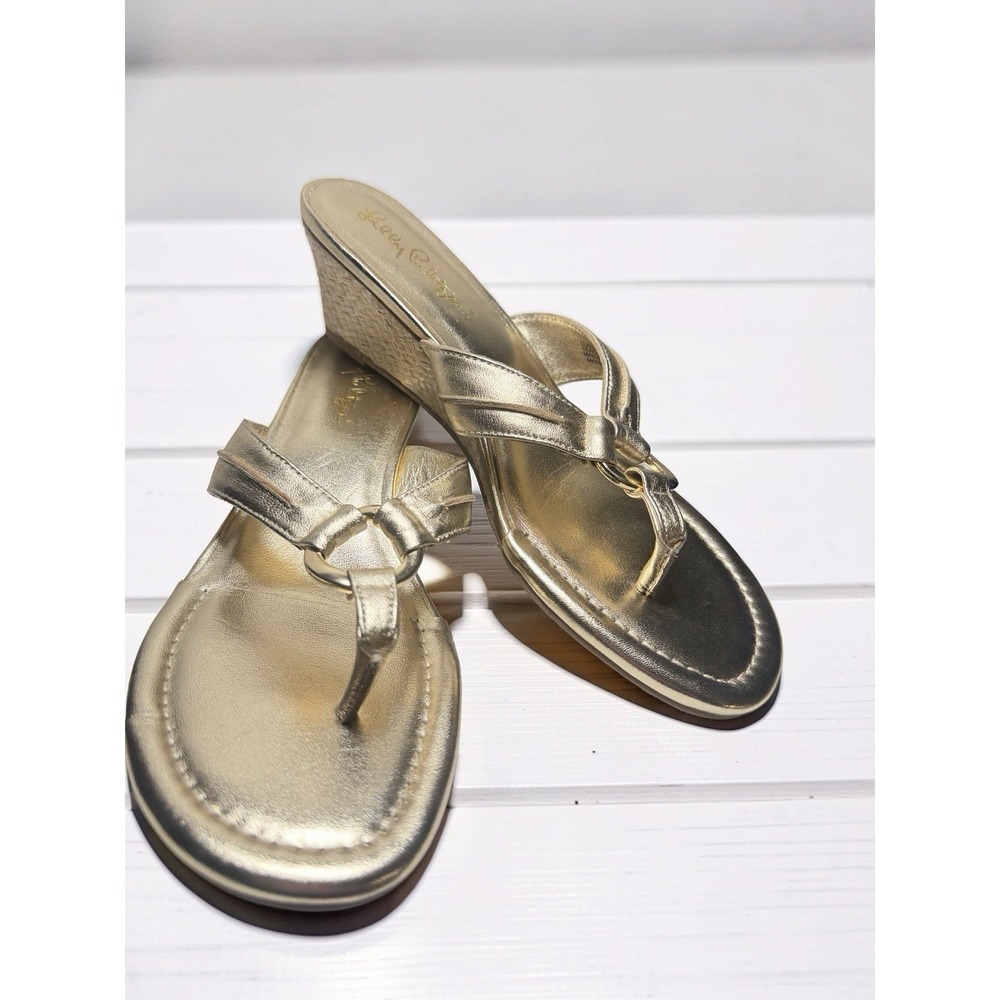 Lilly Pulitzer McKim Wedge Sandals Women's Sz 7.5 Gold Leather Thong Lk Nw